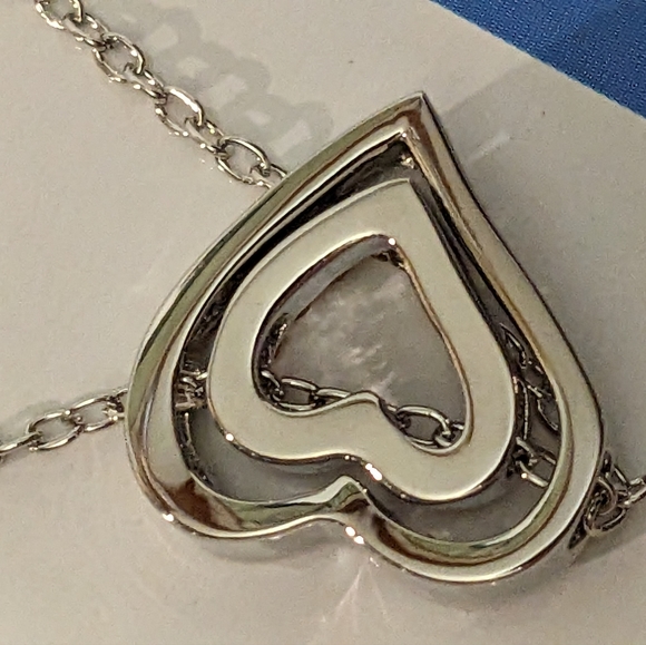 NEW September Sapphire 18K White Gold Pl Double Heart Spinner Pendant Necklace - Picture 7 of 9